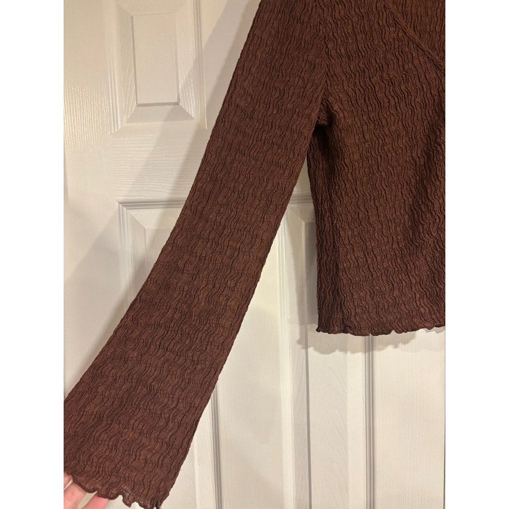 H&M Textured Jersey Top Brown V-Neck Gold Button Front Long Sleeves Women's L - Picture 3 of 7
